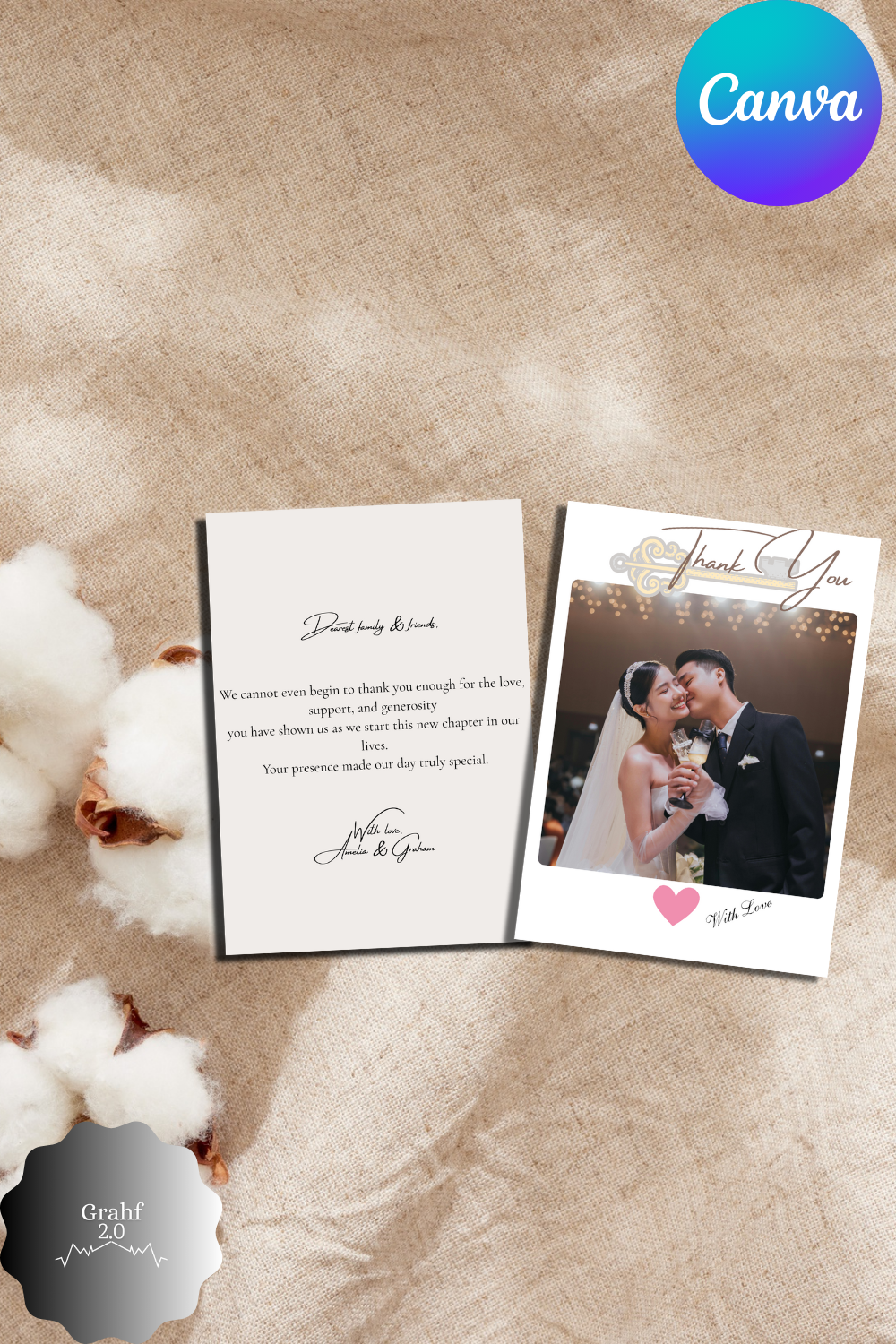 Modern Photo Wedding Thank You Note – Custom Bride & Groom Insert (No Pro Account Needed Canva Editable)